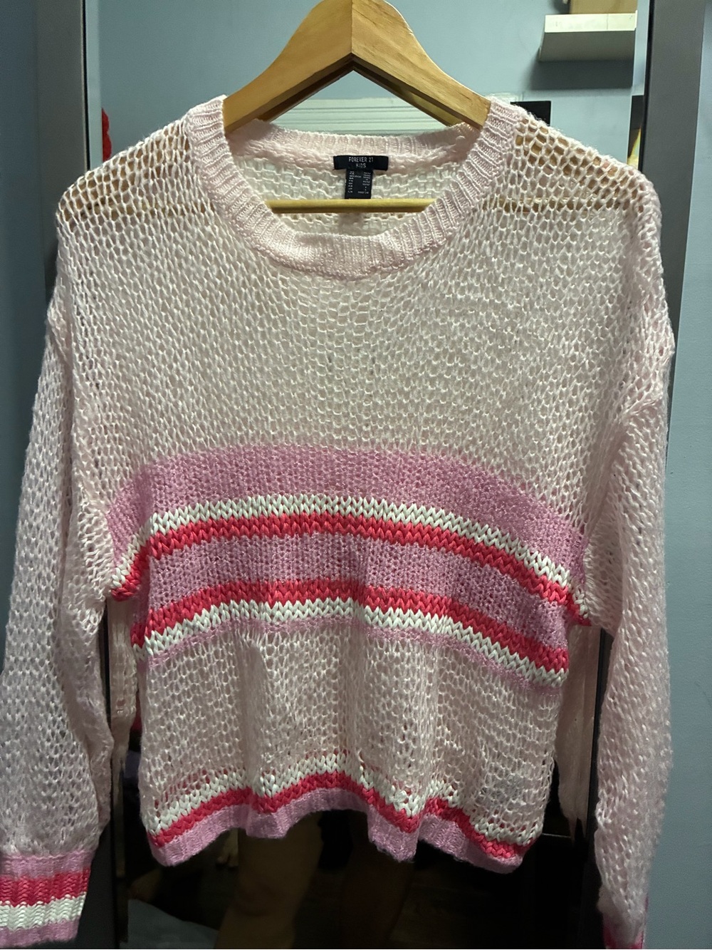 Forever 21 Light Pink Open-Knit Sweater with Pink & Red Stripes
